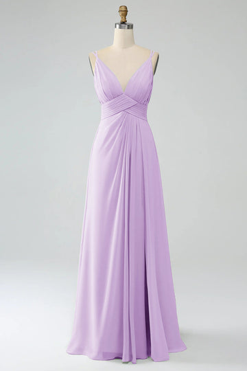 Lila A-Line Spaghetti Trapes Plisado Gasa Largo Vestido De Dama De Honor